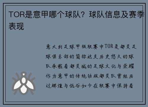 TOR是意甲哪个球队？球队信息及赛季表现